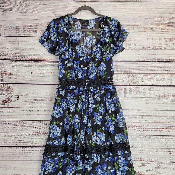 Disney Princess Mulan Cosplay Maxi Dress Blue Floral Ruffle Tier Crochet Flowy M - Picture 4 of 15